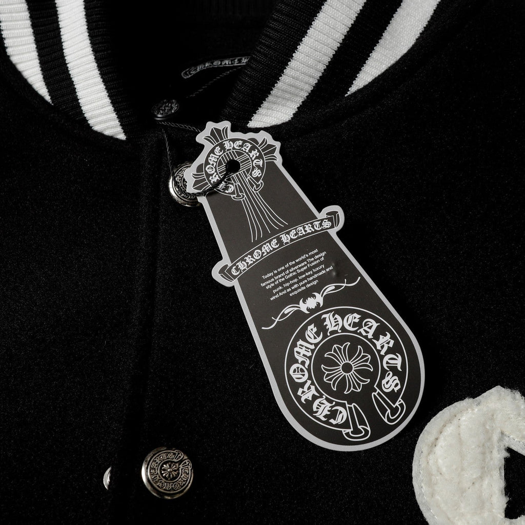 Chrome-Hearts Varsity Jacket - Black White Gothic Baseball Coat 2206